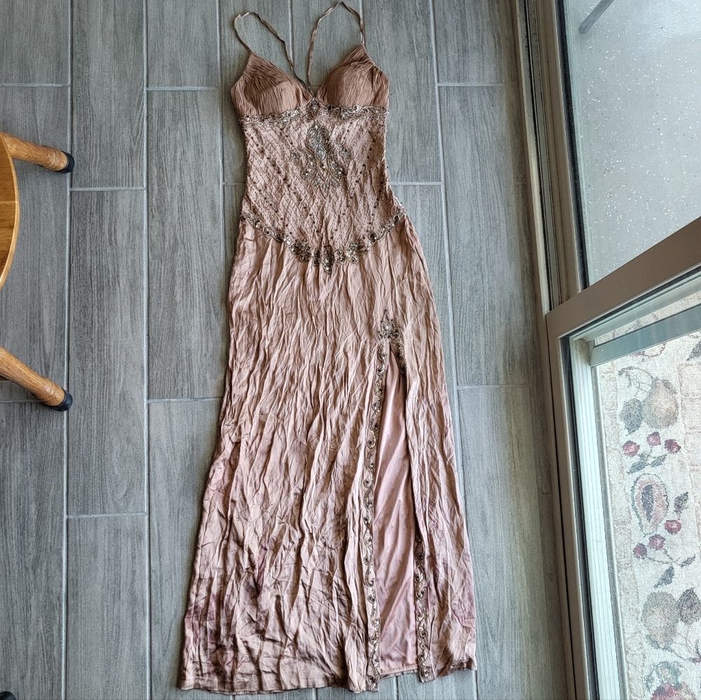 Sue Wong Nocturne Tan Copper beaded formal dress pageant gown 20s flapper
